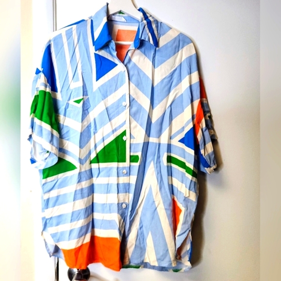 Talulah Oversized Multicolor Geometric Short Sleeve Button Down Shirt Size S - Picture 2 of 13